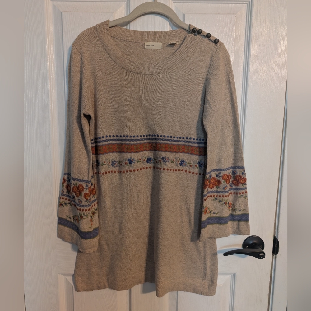 Sleeping On Snow Nordic Boho Style Tunic Sweater Bell Sleeves Embroidered M